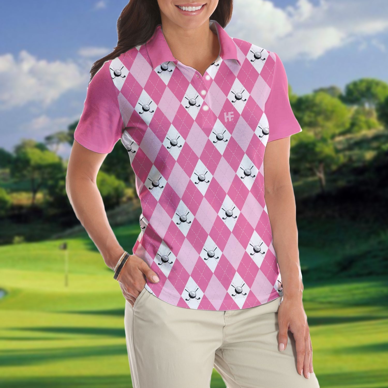 Golf Polo Short Sleeve Women Polo Shirt, Pink Argyle Seamless Pattern Golf Shirt For Ladies Coolspod