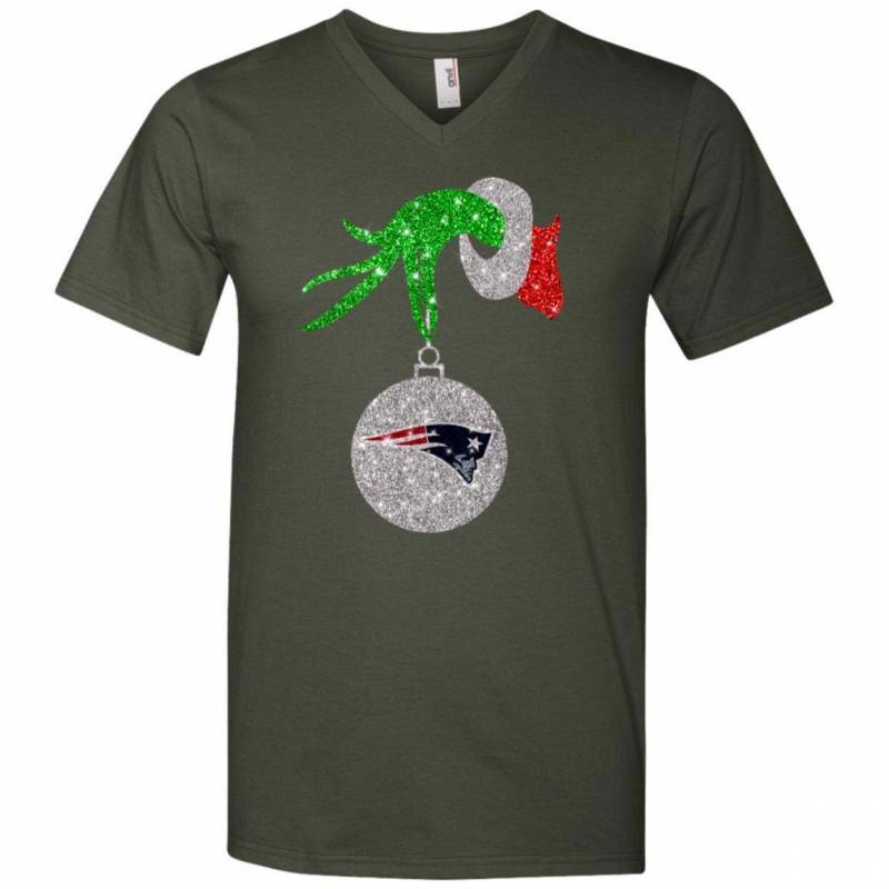 New England Patriots Glitter Grinch Monogram Ornament Christmas Gift V-neck T-shirt