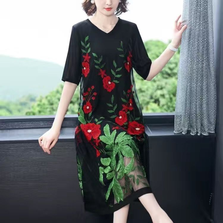 2022 Summer Middle-aged Female Vintage Party Dress Splicing Embroidered Mesh Dresses Women Clothing Vestidos Y808 alx