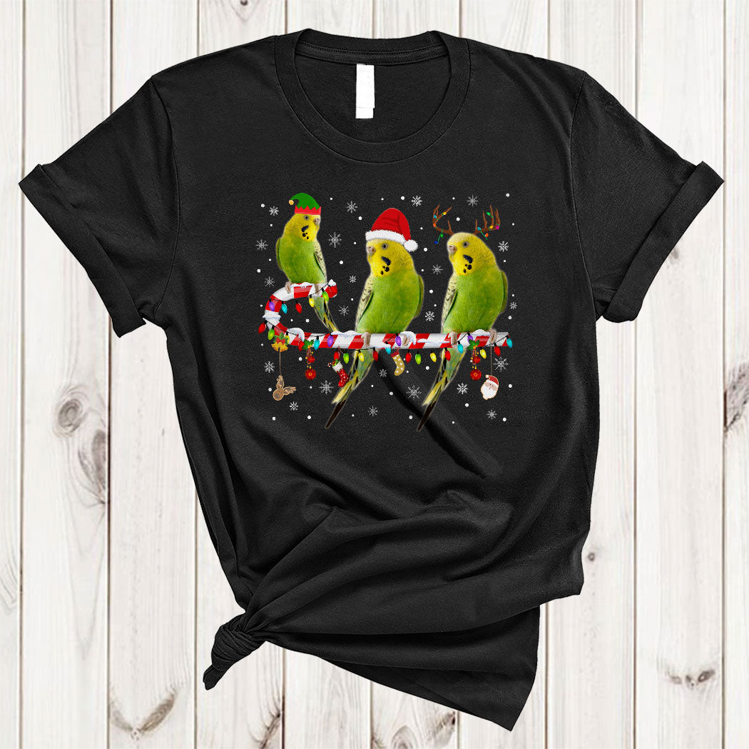 Santa Elf Reindeer Budgerigar On Candy Cane Funny Christmas Xmas Lights Bird Lover Gifts T-Shirt