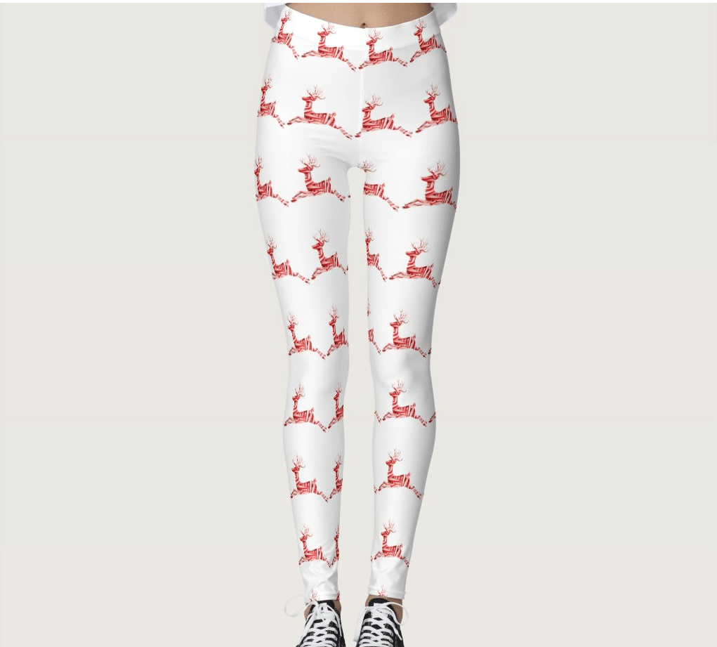 Christmas Leggings, Holiday Candy Cane Reindeer On White Legging For Sports, Yoga, Workout Fitness, Women Gift