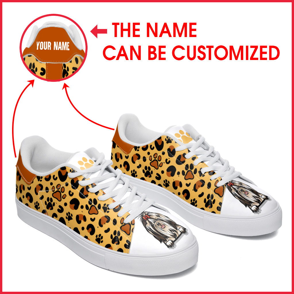 Shih Tzu Dog Lover Shoes Pattern Leopard Leather Sneaker – Personalized Custom – Best Gift For Dog Mom