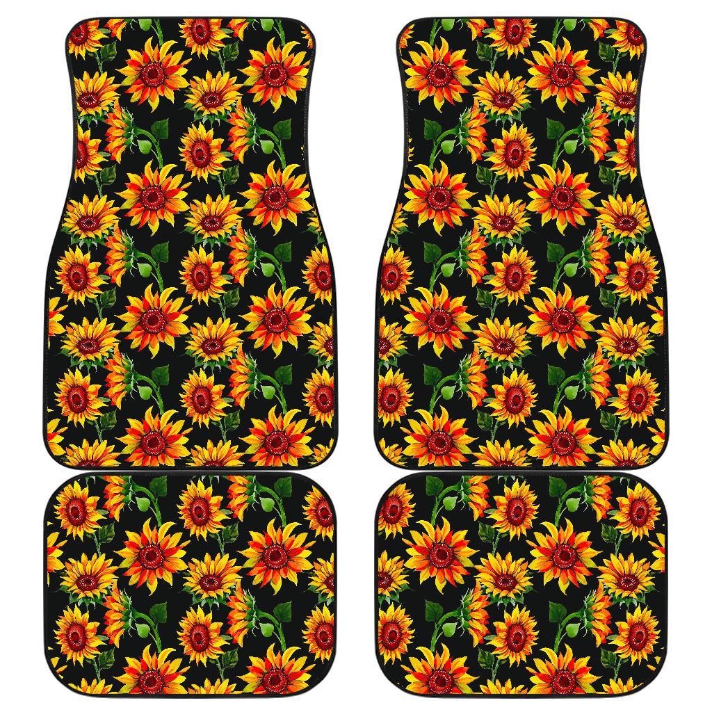 Black Autumn Sunflower Pattern Print Front And Back Car Floor Mats, Front Car Mat