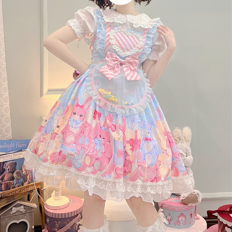 Sweet Lolita Style Square Collar Cartoon Printing Heart-shaped Bow Sleeveless Lace Ruffles JSK Dress Soft Girly Camisole Dress alx