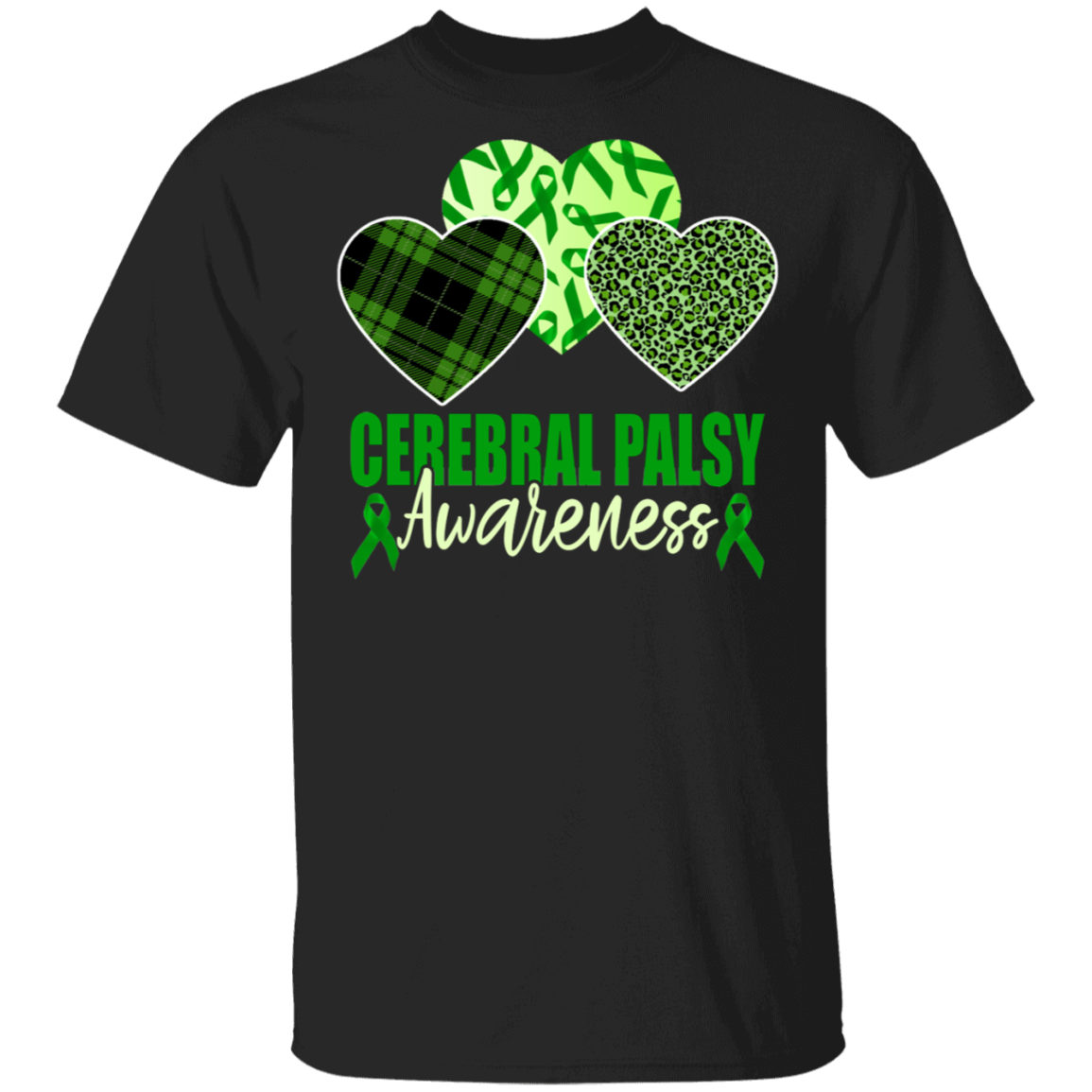 Cerebral Palsy Awareness Shirt Green Heart Leopard Plaid Ribbon Cool Cerebral Palsy Awareness Green Ribbon Gifts T-Shirt