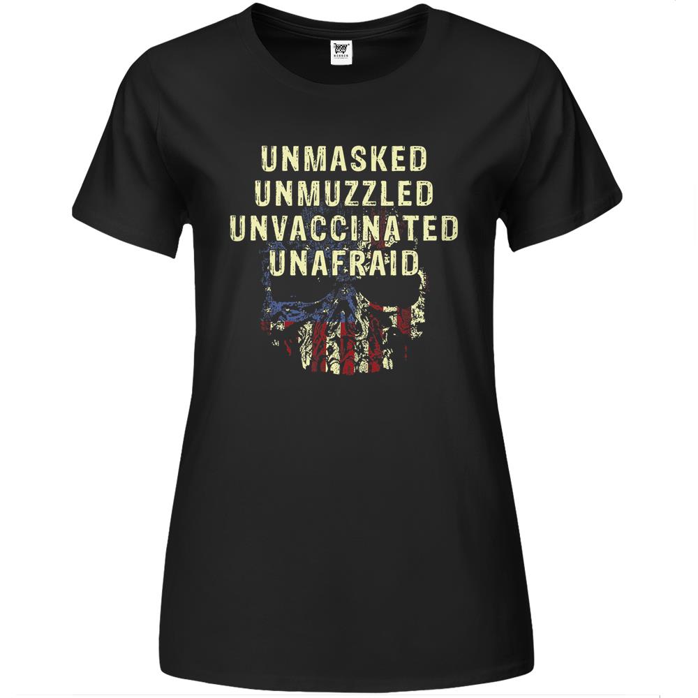 Unmasked Unmuzzled Unvaccinated Unafraid Skull Flag America Premium Womens Tshirts