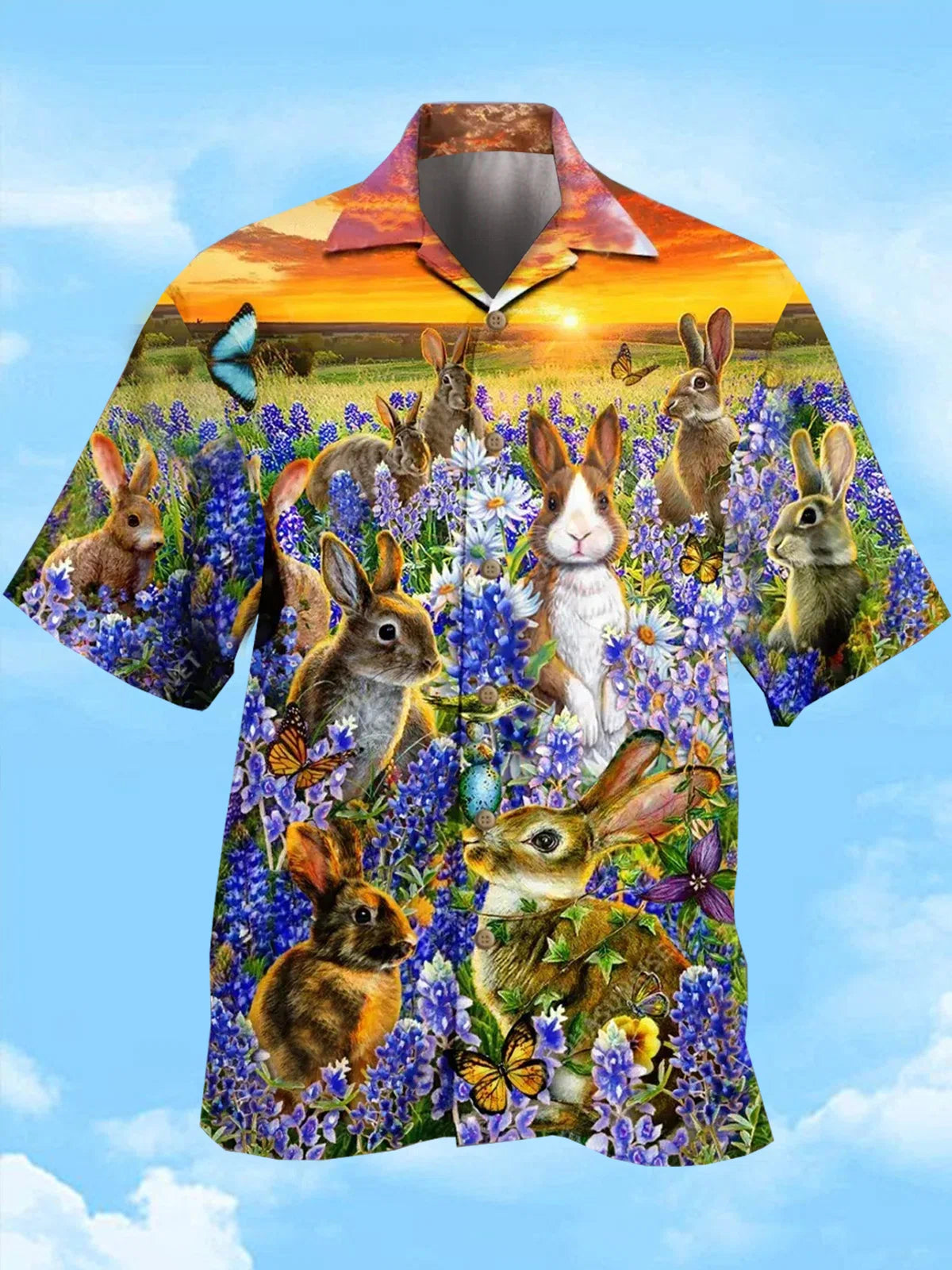 Mens Bunny And Lavender Easter, Unisex Print Aloha Short Sleeve Casual Shirt