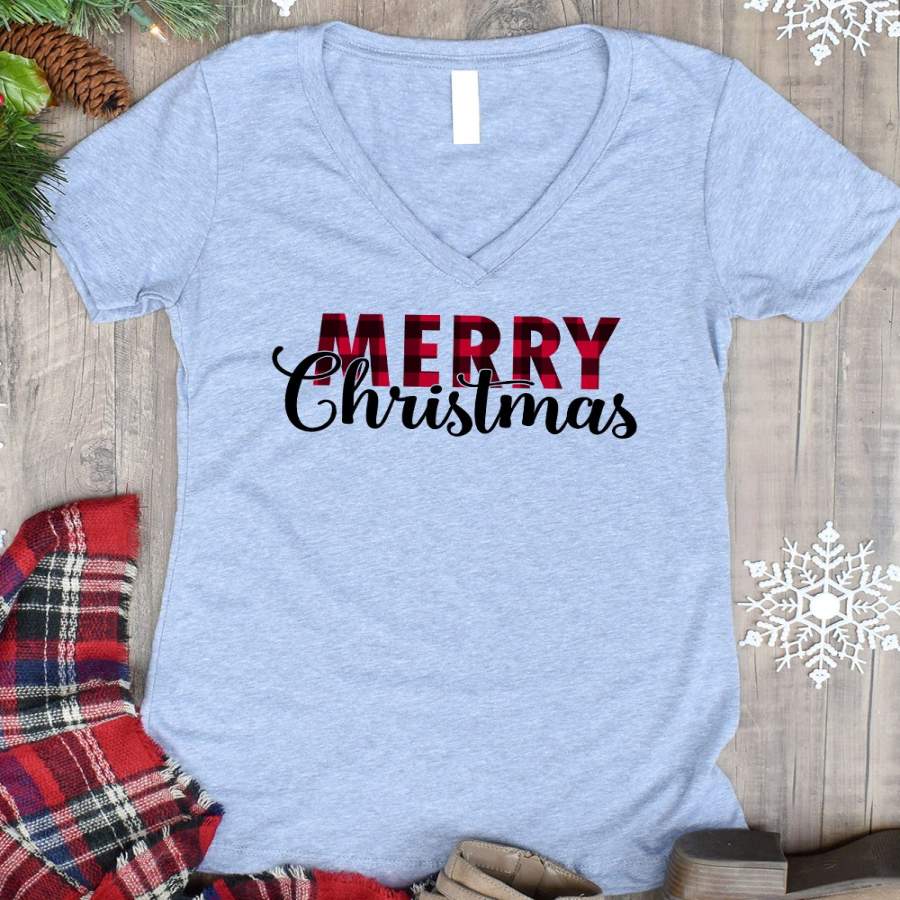 Plaid Merry Christmas V-Neck