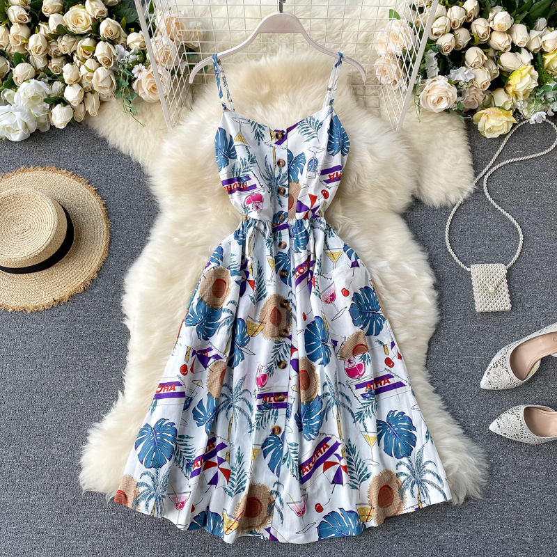 Boho Button 2022 Sexy Spaghetti Strap Floral Print Midi Dress Summer Party Casual Women A-Line Beach Holiday Knee Length Dress alx