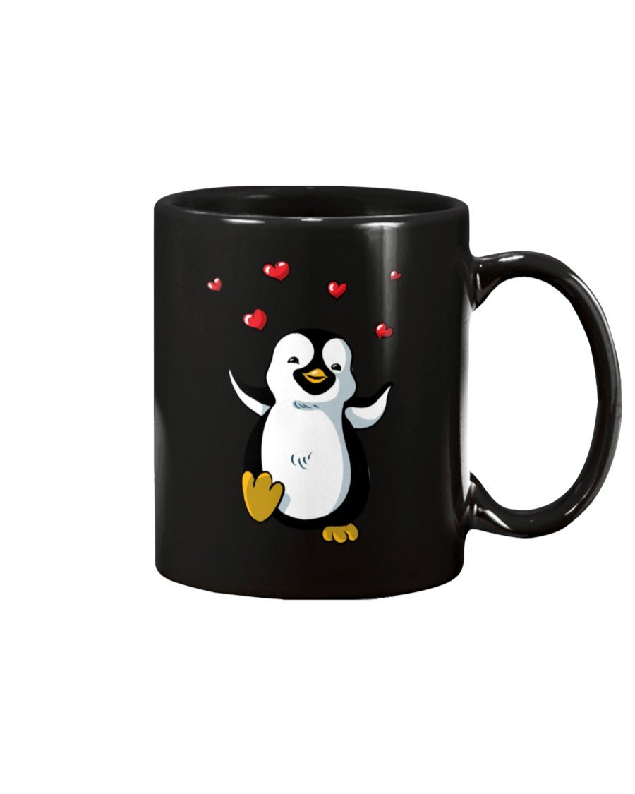 Cute Penguin with Red Hearts Valentines Day for Women Black Mugs