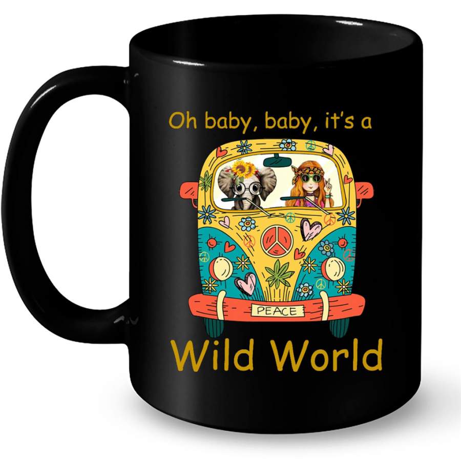 Oh Baby Baby It’s A Wild World, Hippie Car Girl, Peace Sign, Elephant Design – Full-Wrap Coffee Black Mug