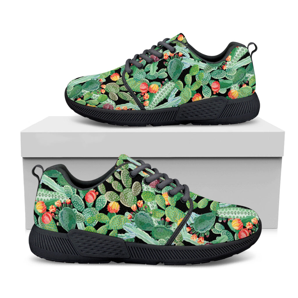 Watercolor Cactus Plant Print Black Athletic Shoes