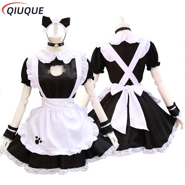 Black Lolita Dresses Maid Outfit Cute Cat Cosplay Costume Women Suit Apron Dress Halloween Costumes alx