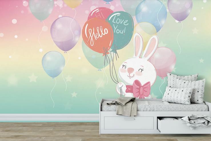 3D Cartoon Animal Bunny Balloon Wall Mural Wallpaper Lqh 394