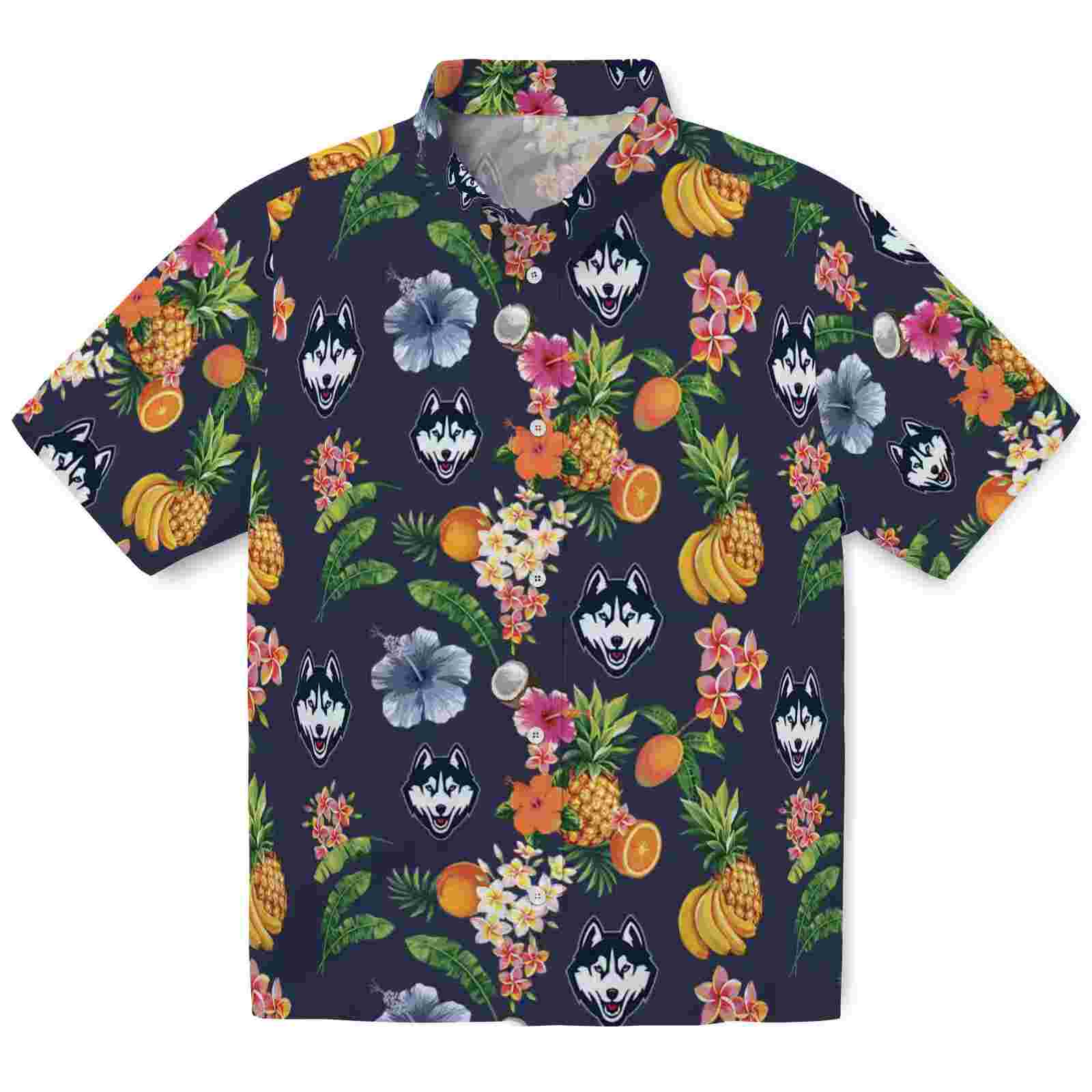 Uconn Huskies Hibiscus And Fruit Navy Blue Hawaiian Shirt