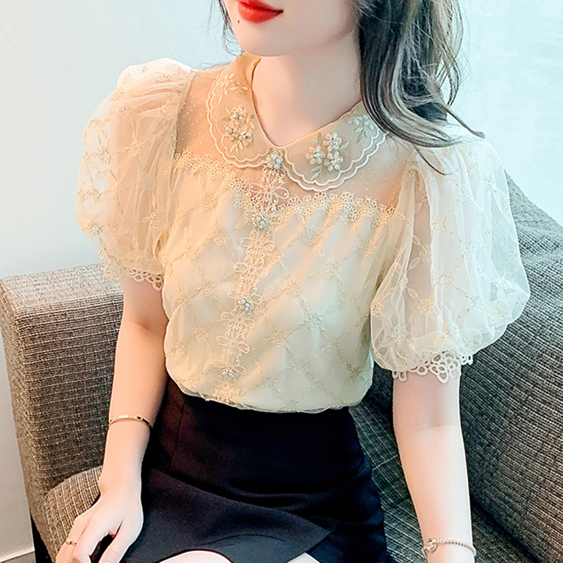 2022 Summer New Puff Sleeved Women Blouse Shirt Fashion Embroidered Beaded Hollow Lace Short Sleeve Top Blusas Clothing alx