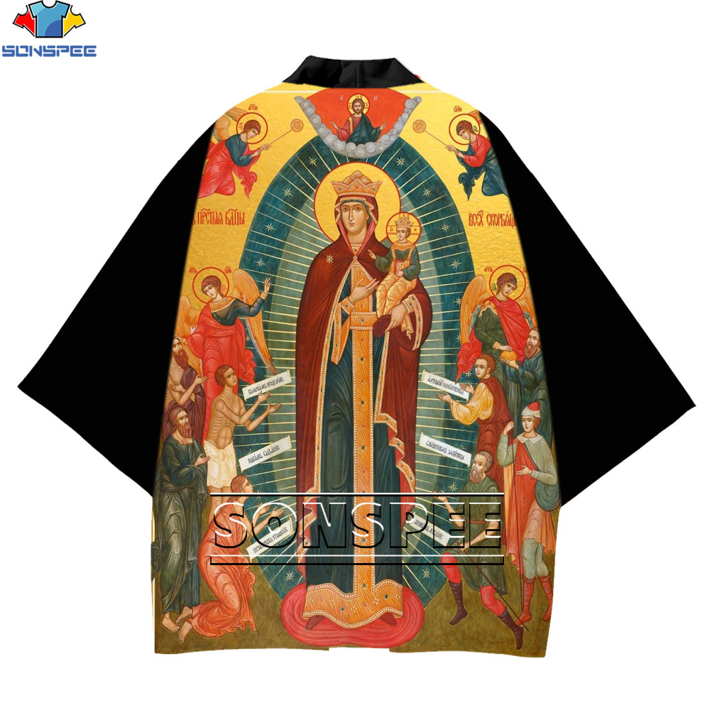 SONSPEE Oversized Kimono Male Classic Cardigan Unisex Haori Western Catholic Church Virgin Mary Shirts For Men Religious Dress alx