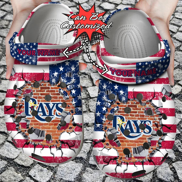 Baseball Crocss – Personalized Tb Rays American Flag Breaking Wall Clog Shoes