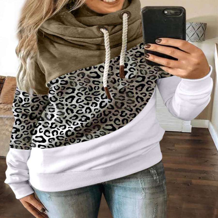 Colorblock Leopard Print Heap Collar Drawstring Hoodies