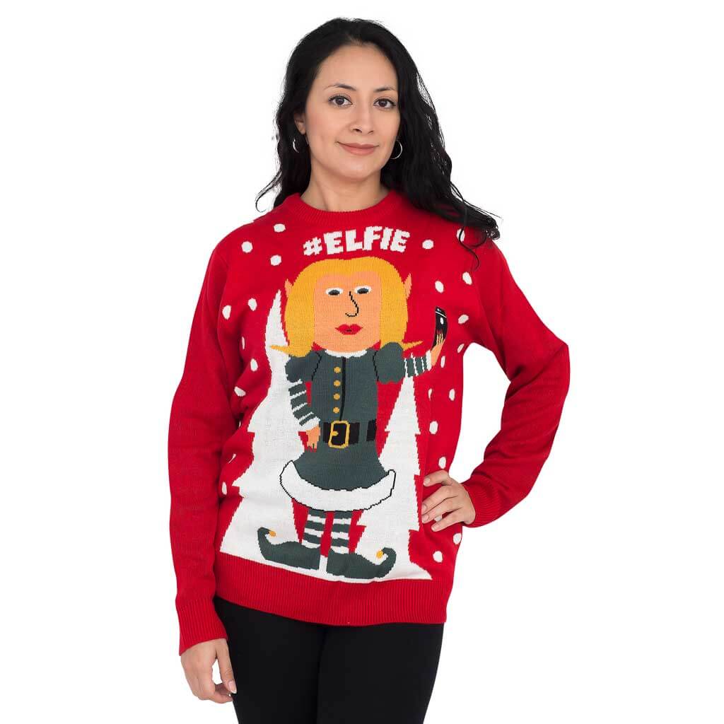 Women’S #Elfie Hashtag Ugly Christmas Sweater