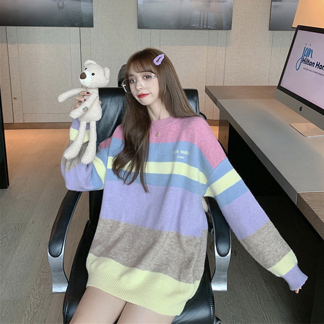 2023 Young Girl Sweater Cute Bear Loose Round Neck Knitted Sweaters Autumn Winter Jumpers Tops New Gift Long Sleeve Pullovers alx