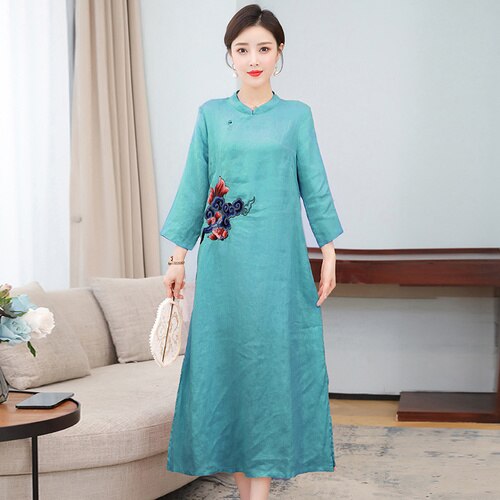 Women’s Summer Dress 2022 Spring Chinese Style Linen Loose Thin Embroidery Craft Mid-Length Dresses Party Improved Cheongsam alx