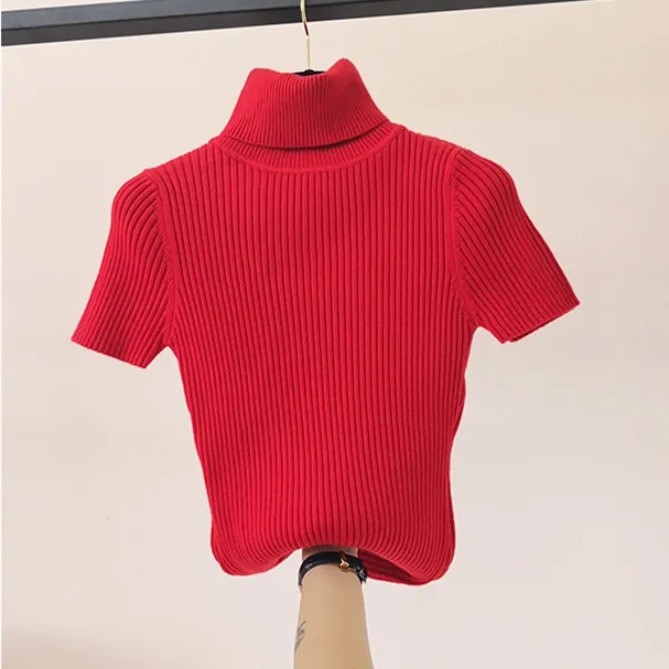 2022 Spring Knitted Tops Women Short Sleeve T Shirt Autumn Winter Turtleneck Pullovers T-shirt Tee Shirt Femme Tshirt Knitwear alx