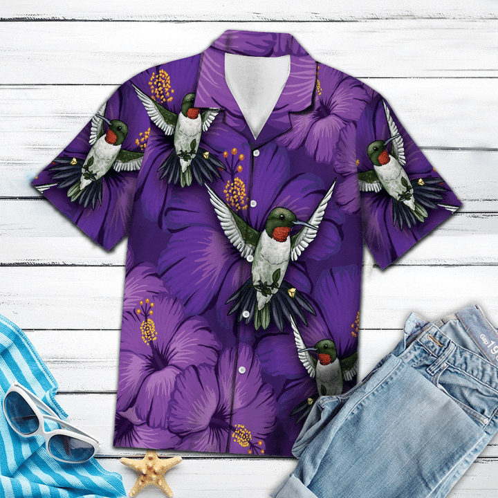 Hawaii Shirt Blossom Purple Hibiscus With Hummingbird Hawaii For Men Ha94087