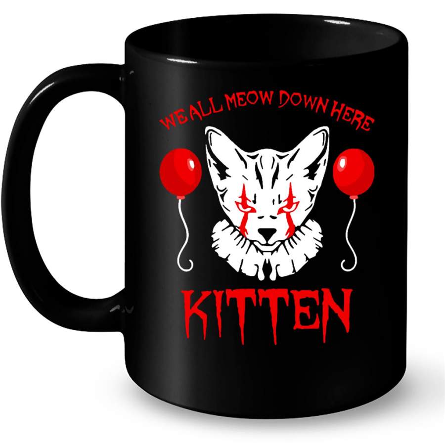 We All Meow Down Here Kitten Halloween Horror Clown B – Full-Wrap Coffee Black Mug