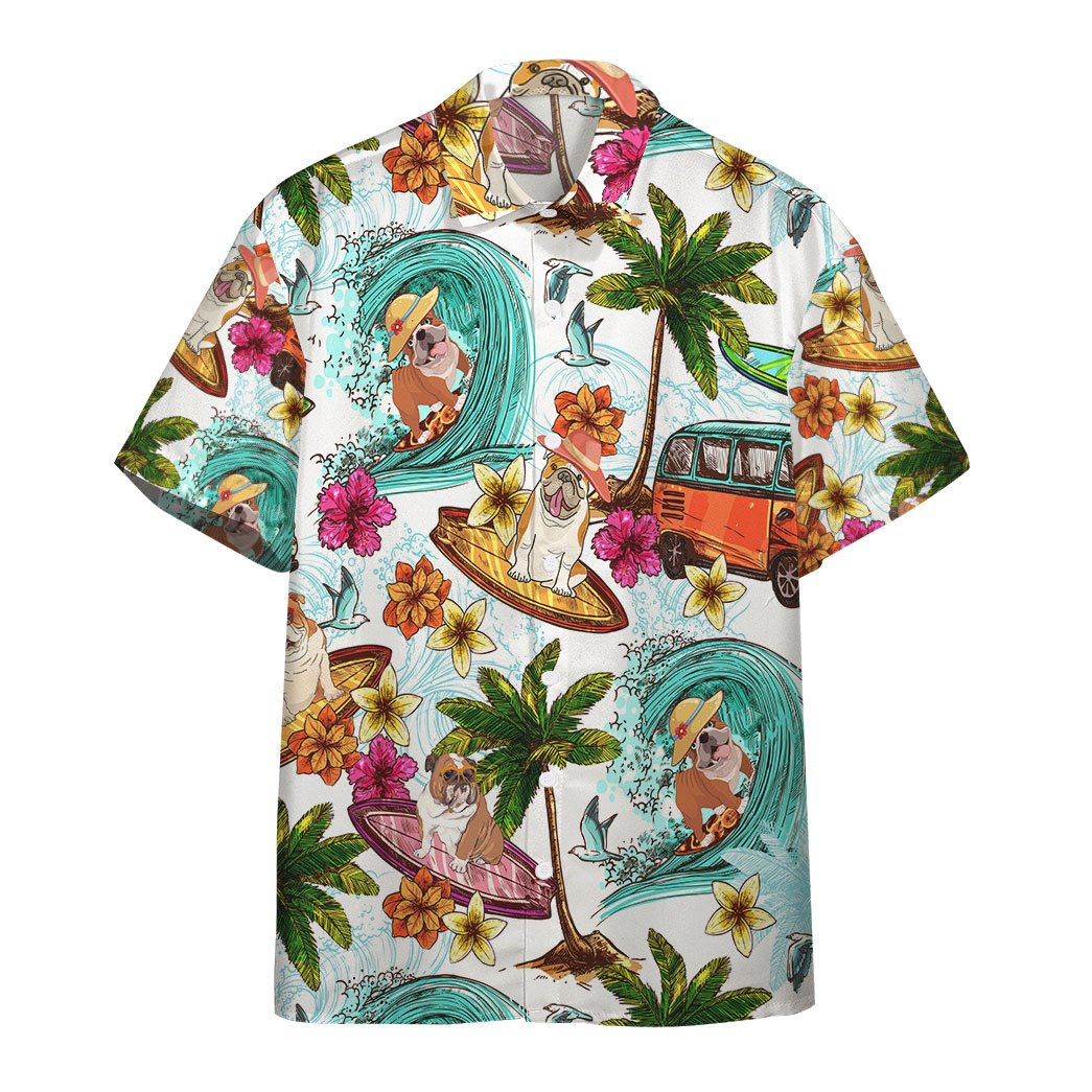 Tropical Summer Surfing Bull Dog Hawaiian Unisex Print Aloha Short Sleeve Casual Shirt Ha62437