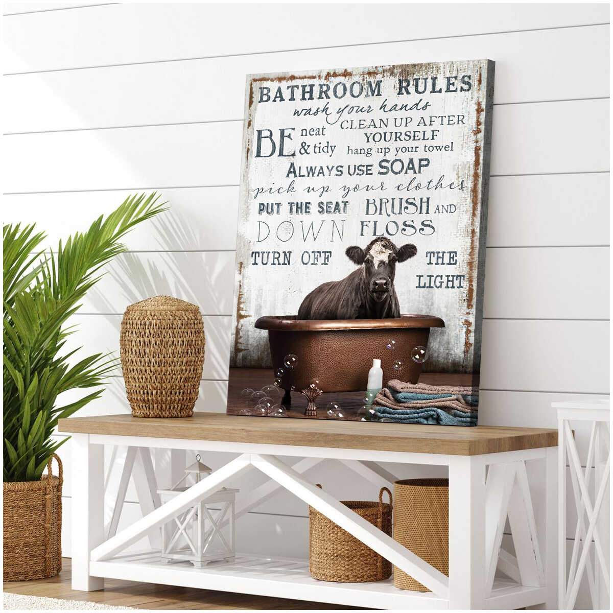 Angus Cow In The Bathtub On Vintage Rustic Wood Bathroom Rules Farm Farmhouse Poster Print, Canvas Wall Decor