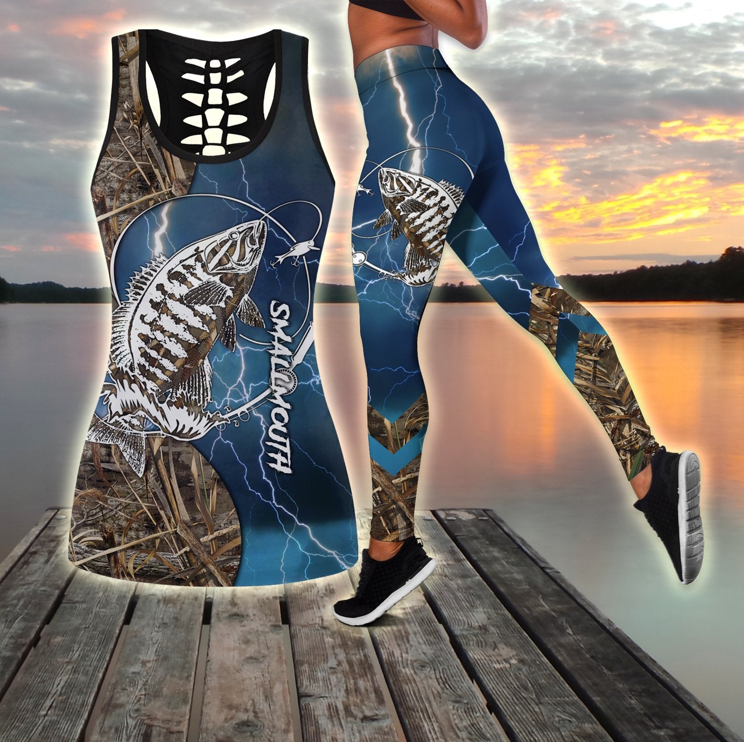 Women Tank Top Leggingsbass Fishing Tattoo Blue Camo Combo Legging + Tank