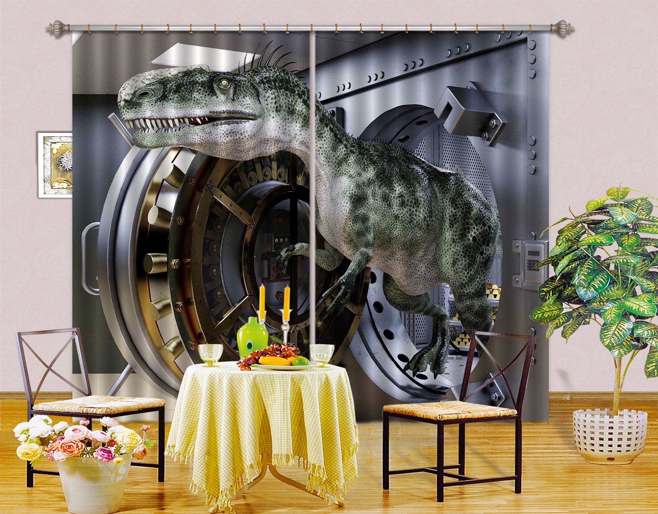 3D Dinosaur With Machine C004 Blockout Photo Curtain Print Curtains Drapes Fabric Window | 3D Large Photo Curtain, Jess Art Decoration Wallpaper