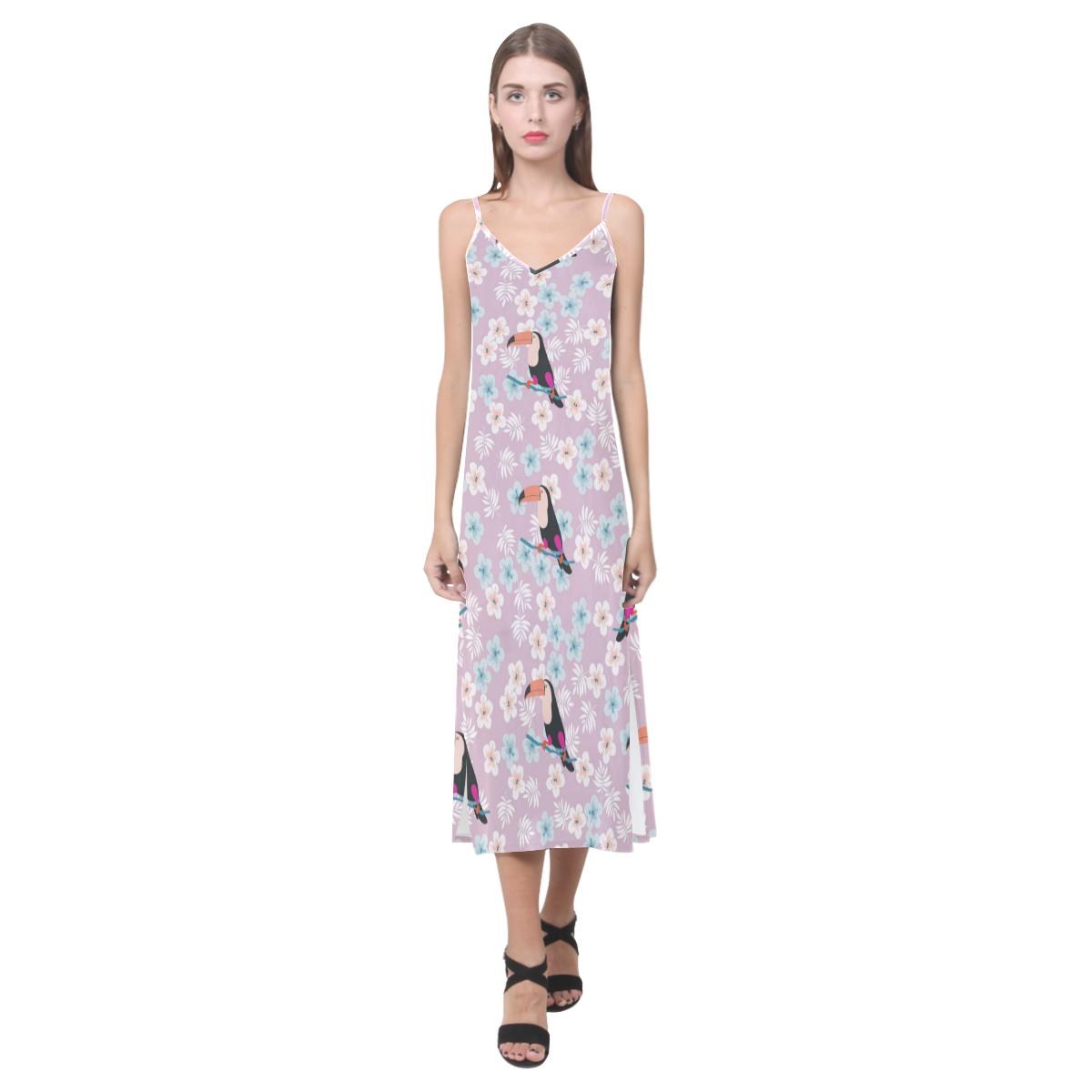 Beautiful toucan flower leaves V-Neck Open Fork Long Dress