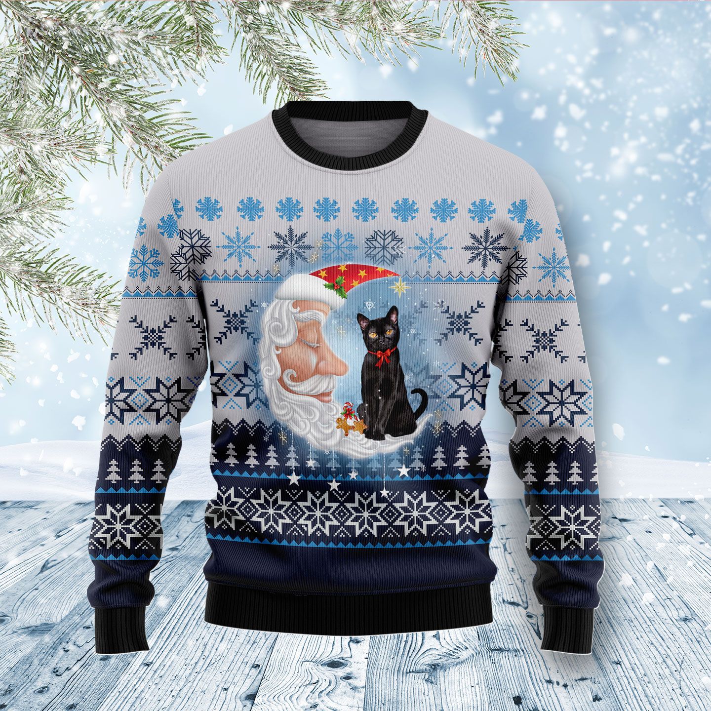 Back Cat Love Santa Moon D1311 Ugly Christmas Sweater