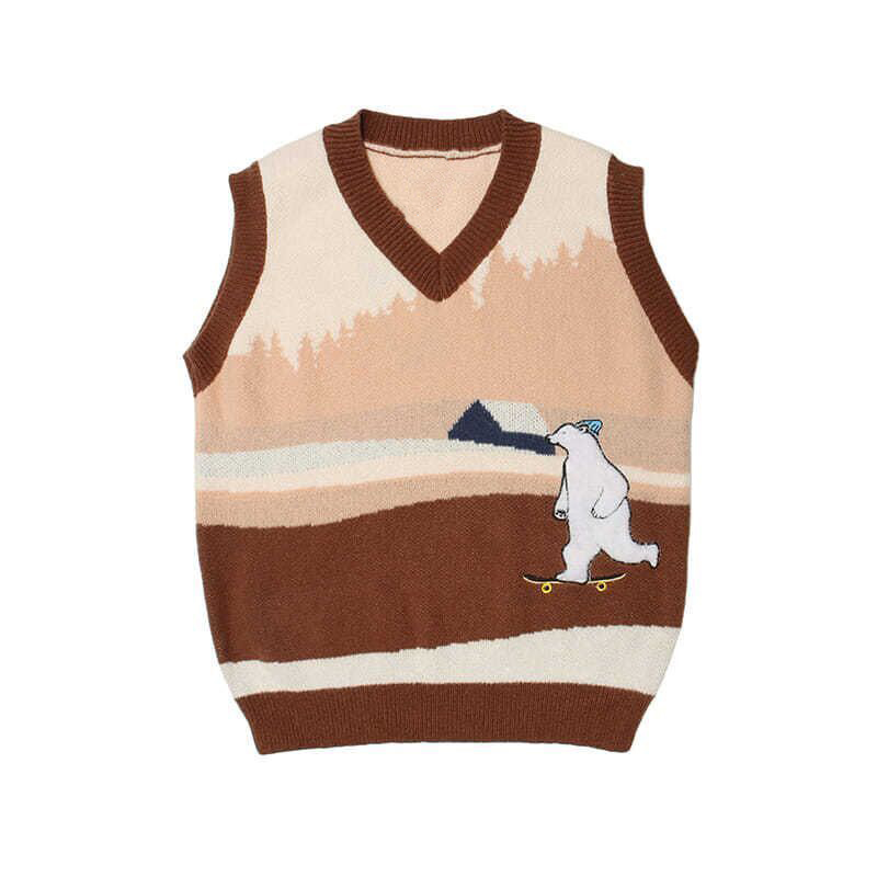 Sweater Vest Men Women Bear Embroidered Crop Top Knitted Sleeveless Vest Hip Hop Couple Pullovers Harajuku Oversized Streetwear alx