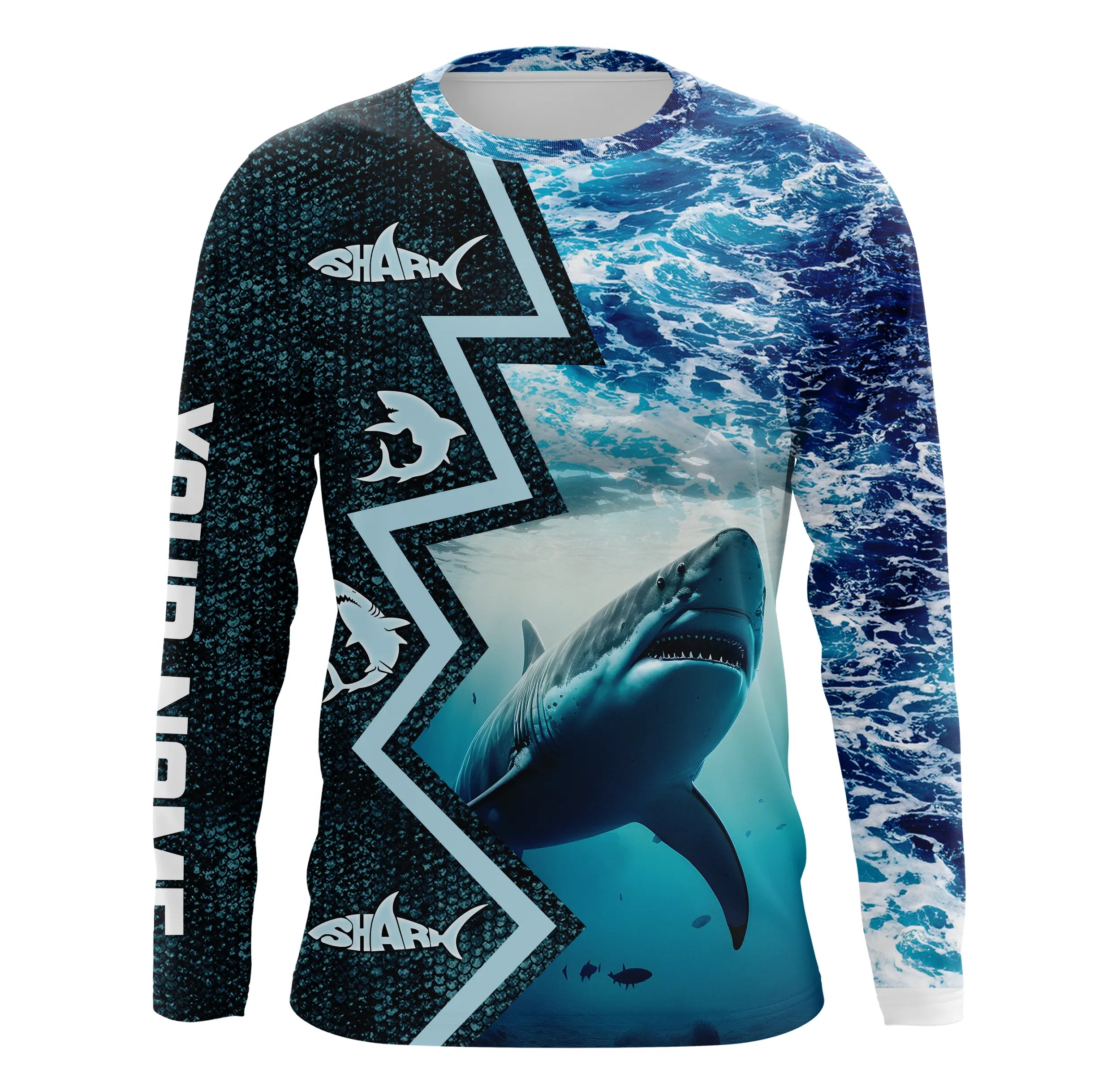 Shark Fishing Custom Blue Sea Wave Camo Long Sleeve Performance Fishing Shirt, Shark Fishing Jerseys Nqs5042