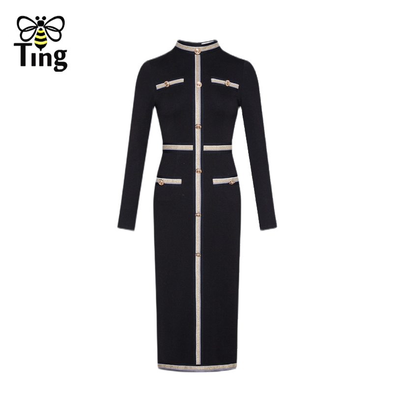 Tingfly Vintage Elegant Black Bodycon Sexy Dark Knee Length Women Dress Button Decor Spring Autumn Casual Chic Sheath Robes Traf alx