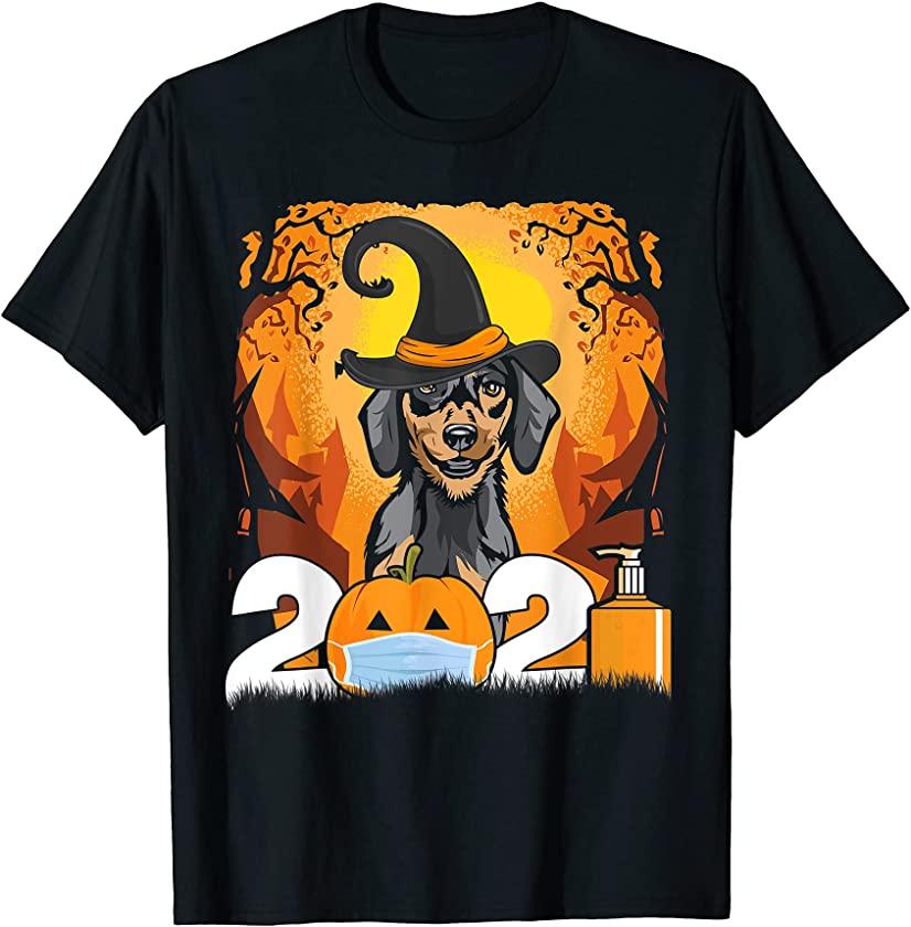 Dog Dachshund Witch Hat Funny Halloween 2021 Puppy Lover T-Shirt