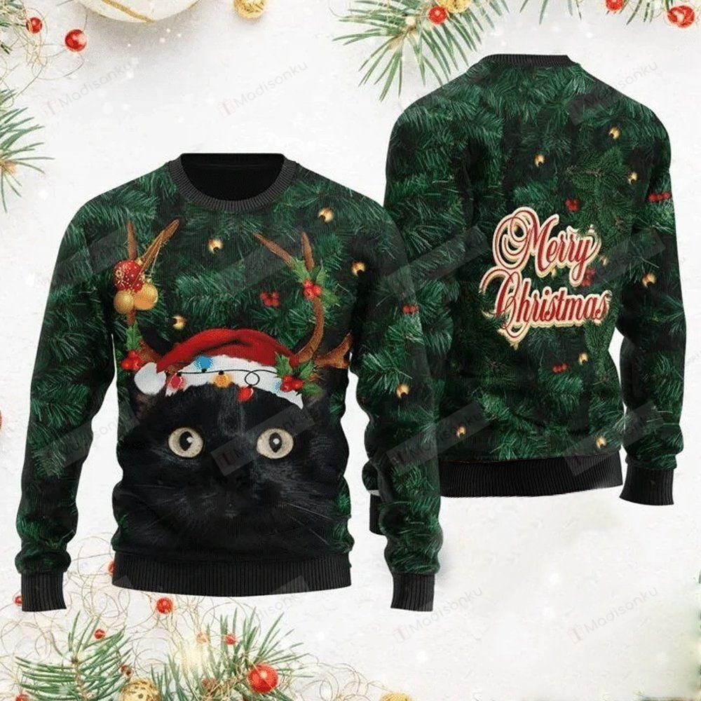 Merry Christmas Black Cat Christmas Tree Ugly Christmas Sweater, All Over Print Sweatshirt