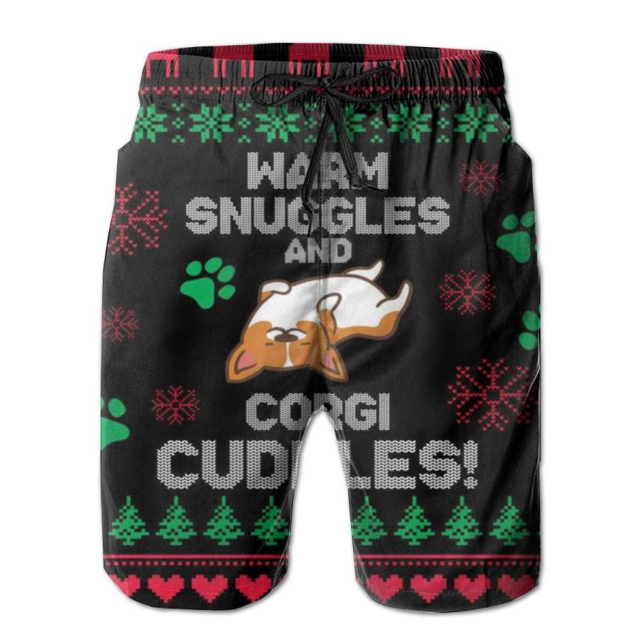 2 Pack Warm Snuggles And Corgi Cuddles Ugly Sweater Poster Men Swim Trunks Drawstring Elastic Waist Quick Dry Beach Shorts with Mesh Lining Swimwear Bathing Suits