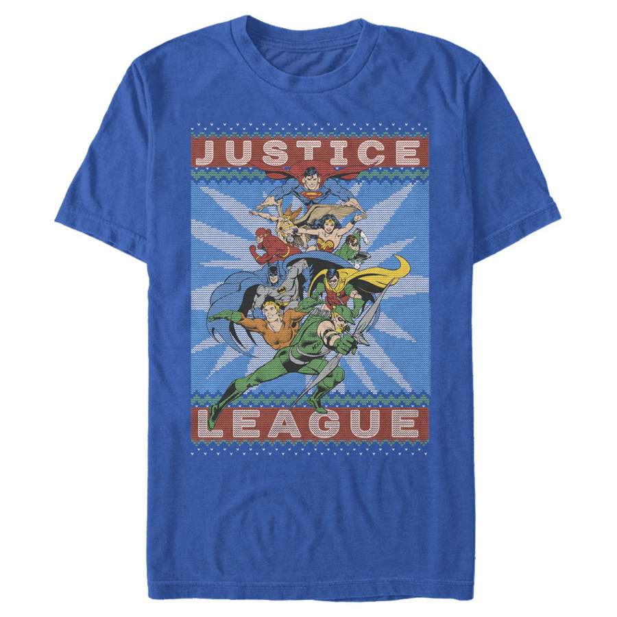 Justice League Men’s Christmas Sweater Style Action Pose  T Shirt