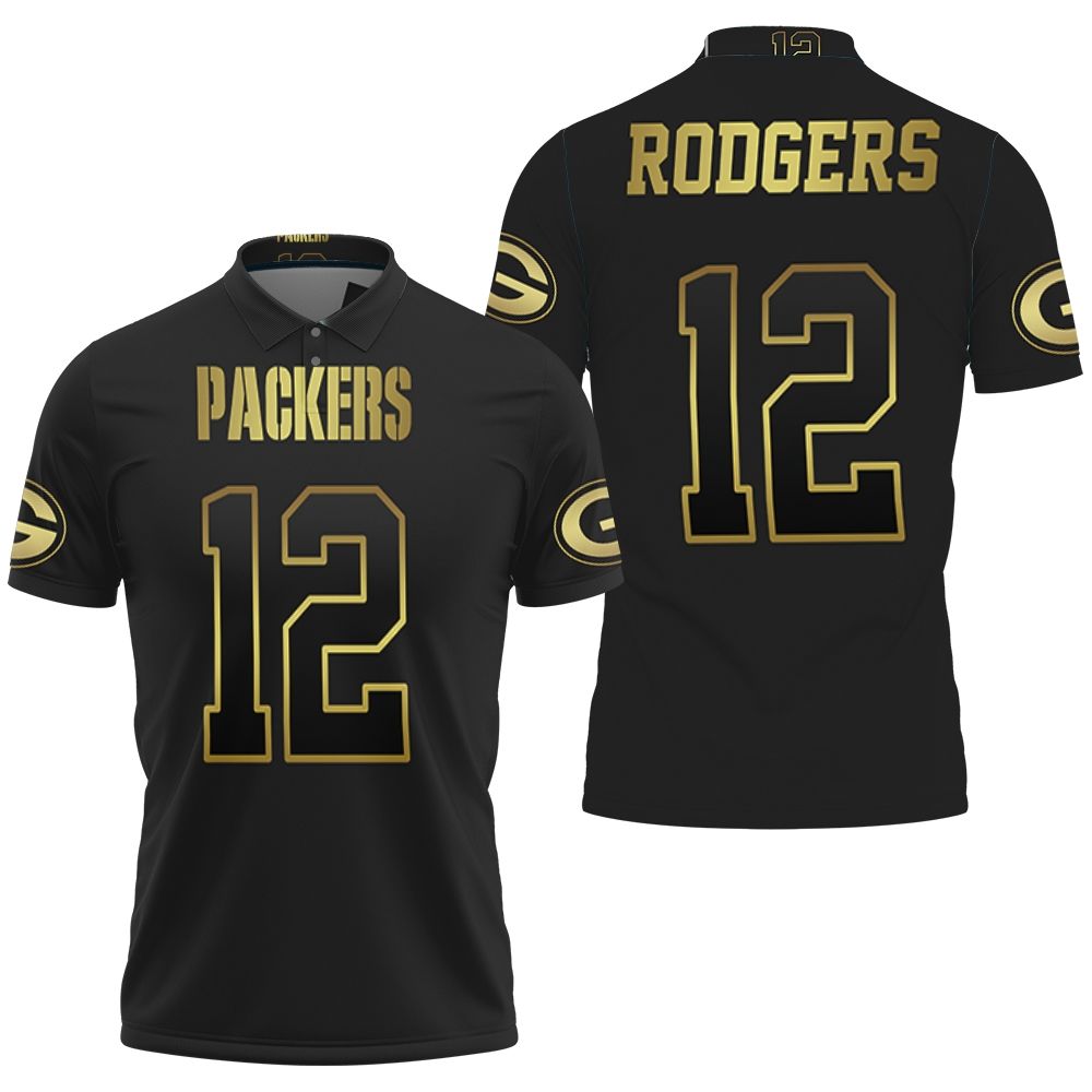 Green Bay Packers 12 Aaron Rodgers Black Golden Edition Jersey Inspired 3D All Over Print Polo Shirt