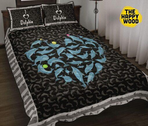 Blue Dolphin Heart Cartoon Style Quilt Bed Set And Pillow Covers