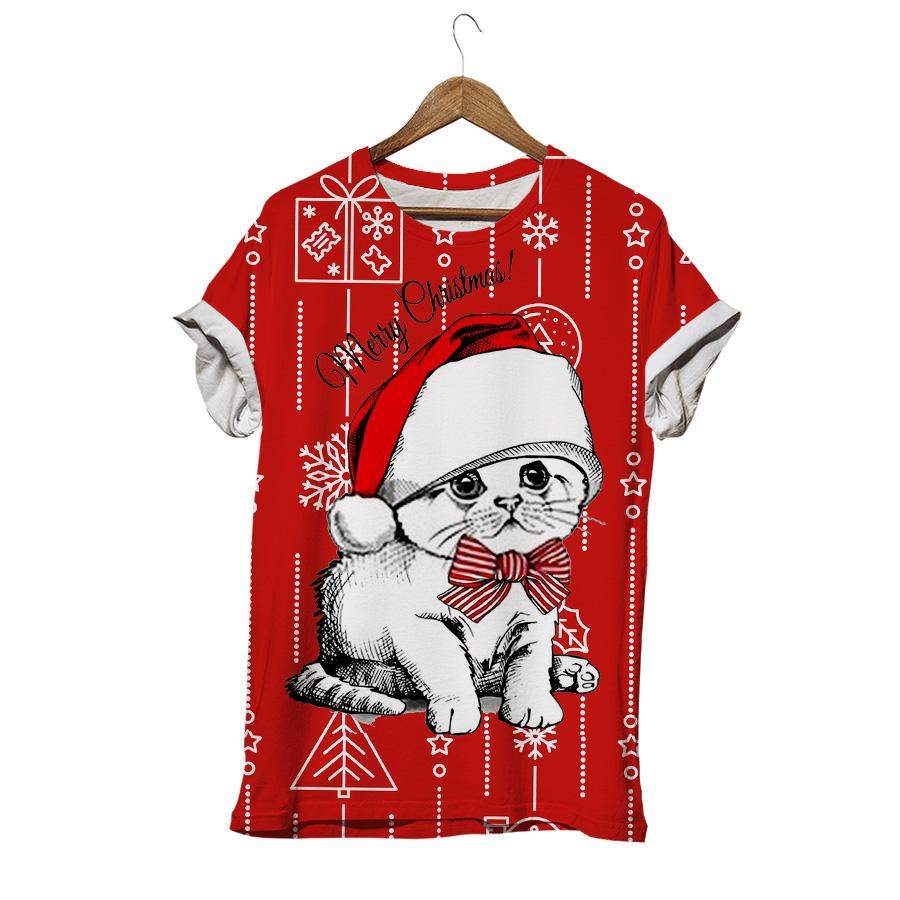 Cute Kitten In The Red Santa’s Cap With Striped Bow Christmas Cat T-shirt