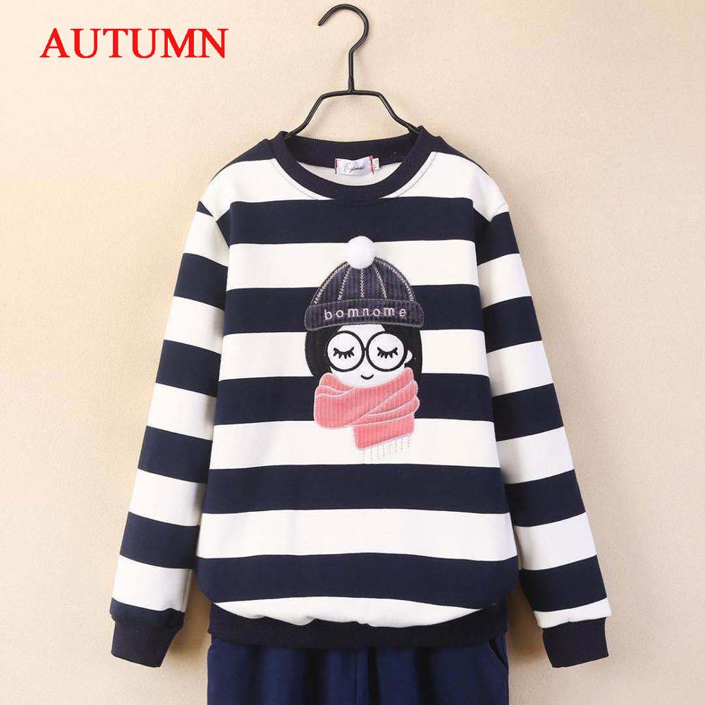 Sweatshirt for Girls Winter Fleece Thicken Kids Pullover Tops Casual Stripe Teenager Children’s Clothing School Girl Outerwear alx