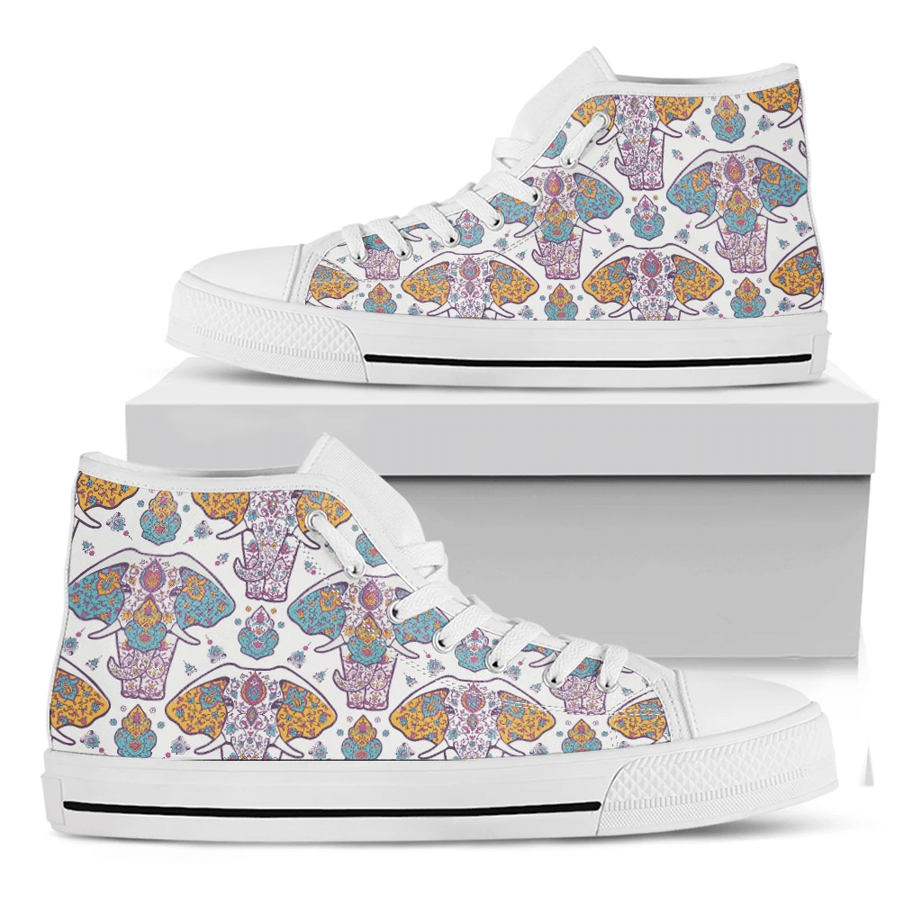 Indian Flower Elephant Pattern Print White High Top Shoes For Men And Women