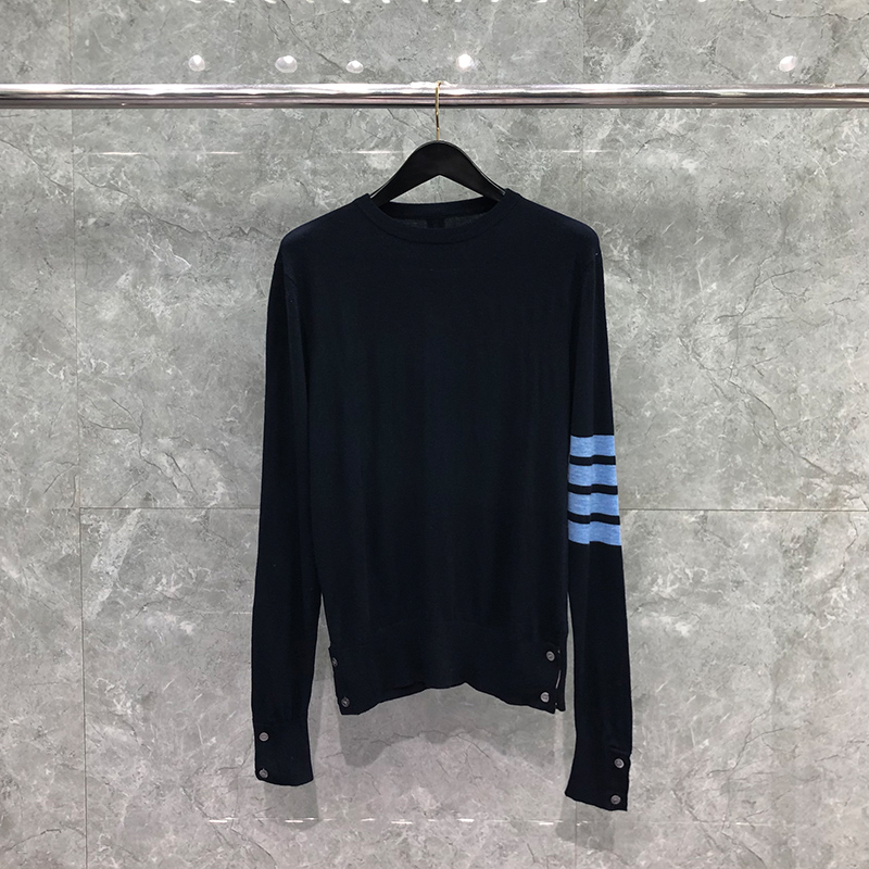 TB THOM Sweater Merino Wool Cable 4-Bar Stripe O-Neck Navy Pullover Coats Spring Autunm Fashion Brand Casual Sweaters Male alx