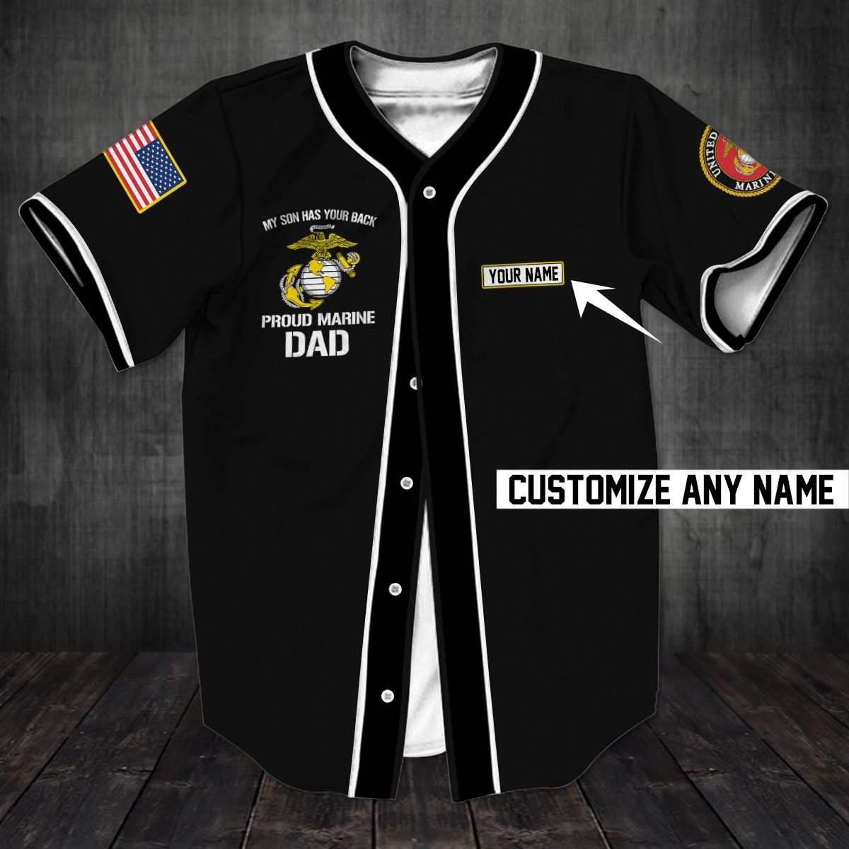 ” PROUD MARINE DAD ”  BASEBALL SHIRT – CUSTOMIZED NAME