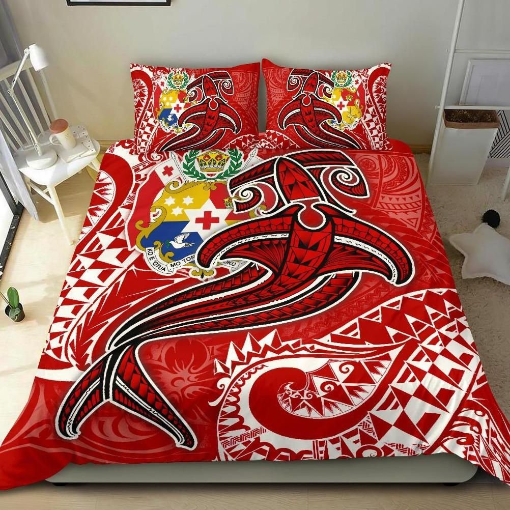 Alohawaii Bedding Set – Cover And Pillow Cases Tonga – Red Shark Polynesian Tattoo – Bn18